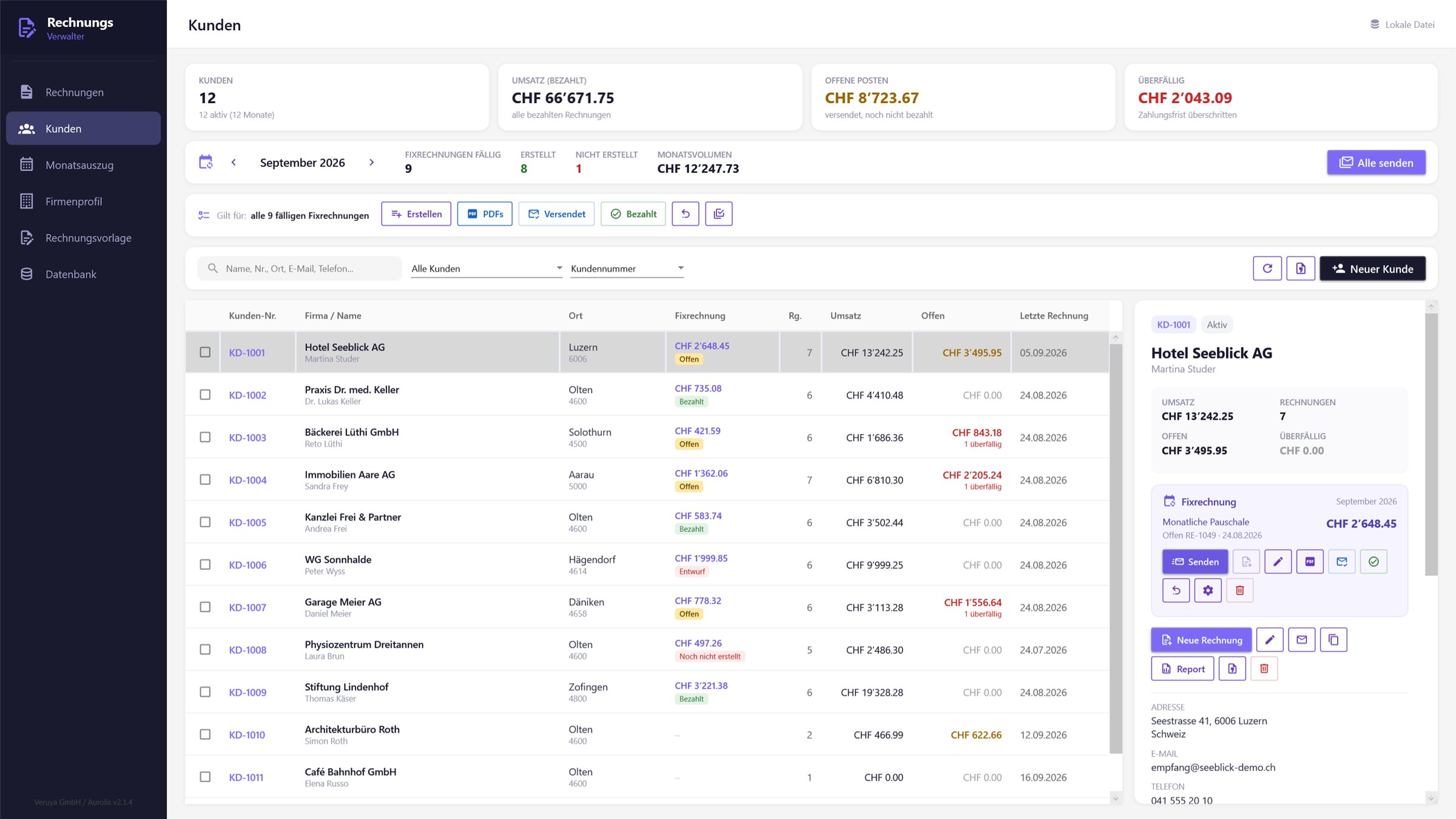 InvoiceManager, Kundenansicht mit Monatslauf der Fixrechnungen (Demodaten)